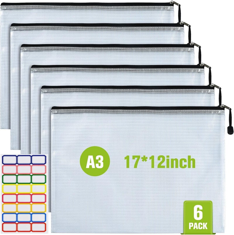 ASTEN Mesh Zipper Pouch, 6PCS Waterproof Plastic Mesh Zipper Bag, A3 Size Tear-Resistant Document Pouch, Extra Large Zip File Bags, for School Office Supplies Home Travel Storage(17×12 Inch) - Image 1