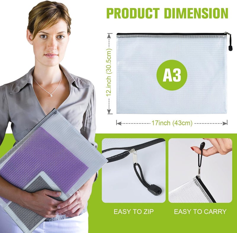 ASTEN Mesh Zipper Pouch, 6PCS Waterproof Plastic Mesh Zipper Bag, A3 Size Tear-Resistant Document Pouch, Extra Large Zip File Bags, for School Office Supplies Home Travel Storage(17×12 Inch) - Image 2