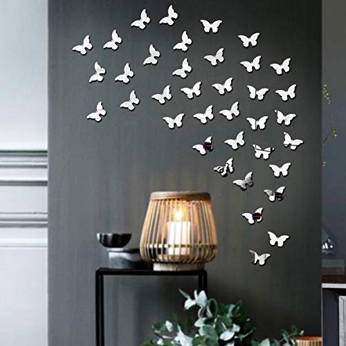 Bikri Kendra - 60 Butterfly Silver Decorative Mirror Stickers for Wall, Wall Mirror Stickers, 3D Acrylic Stickers Wall Stickers for Hall Room, Bed Room, Kitchen Living Room Kids Room-Self-Adhesive - Image 4