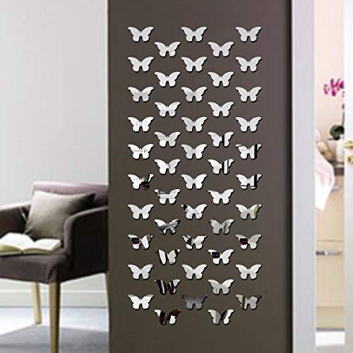 Bikri Kendra - 60 Butterfly Silver Decorative Mirror Stickers for Wall, Wall Mirror Stickers, 3D Acrylic Stickers Wall Stickers for Hall Room, Bed Room, Kitchen Living Room Kids Room-Self-Adhesive - Image 1