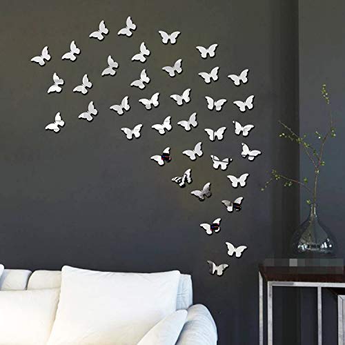 Bikri Kendra - 60 Butterfly Silver Decorative Mirror Stickers for Wall, Wall Mirror Stickers, 3D Acrylic Stickers Wall Stickers for Hall Room, Bed Room, Kitchen Living Room Kids Room-Self-Adhesive - Image 5