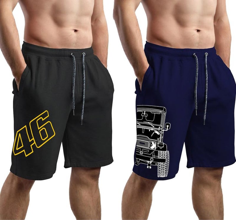hotfits Men's Casual Cotton All Season Soft Feel Fabric Printed Regular Shorts,Workout Shorts, Elastic Waist Running Shorts with 2 Side Pockets - Pack of 2 - L - Image 1