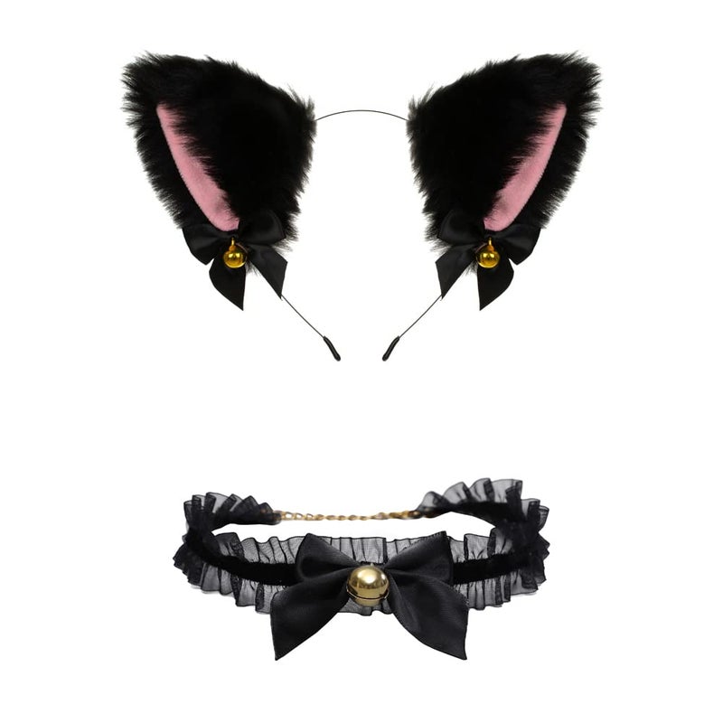 Foeran Animal Faux Fur Cat Dog Ears Headbands with Bells Lovely Flexible Hair Accessory Halloween Cosplay Costume Party Dress Girls (A19-combo set-3) - Image 1