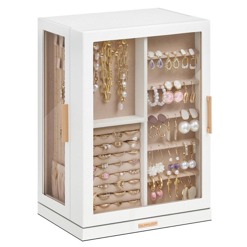 Glimmloop 360Â° Rotating Jewelry Box with 7 Drawers, Spacious Vertical Jewelry Organizer with Glass Window, Jewelry Storage Case, Dustproof & Moisture-resistant Design, White - Image 1