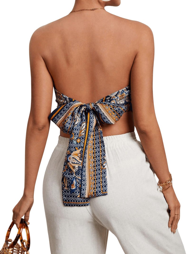Floerns Women's Graphic Print Tie Back Strapless Bandana Tube Top Dark Blue X-Small - Image 2
