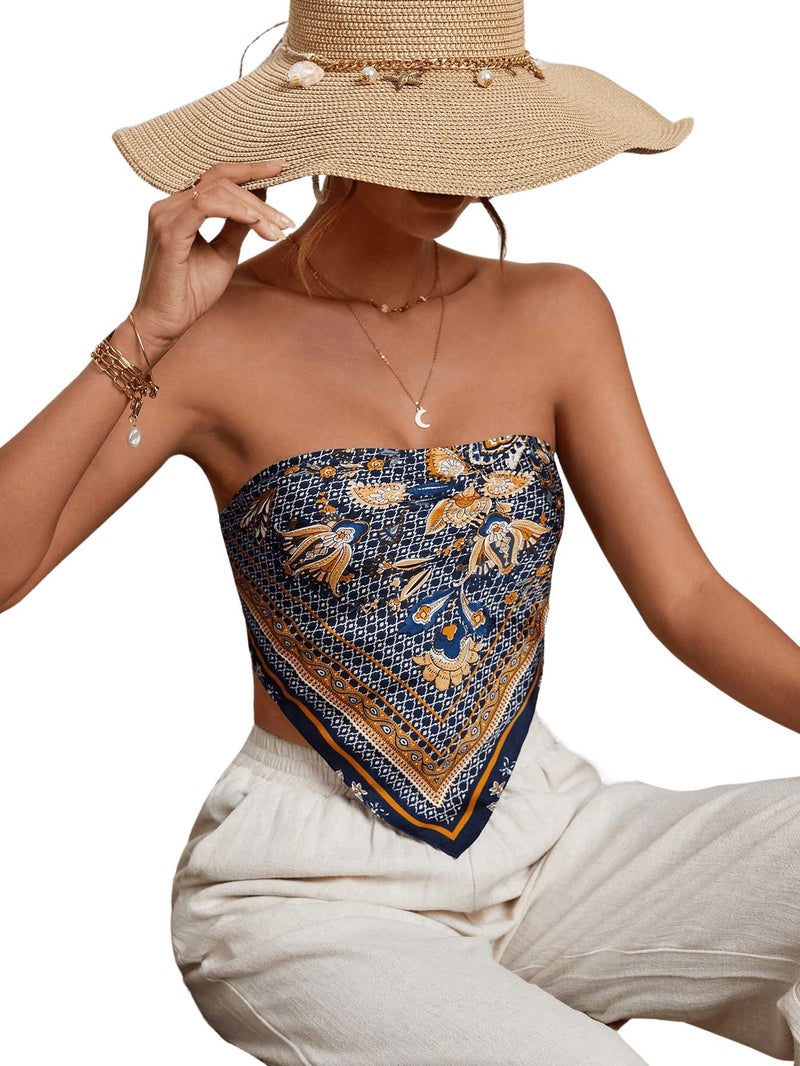 Floerns Women's Graphic Print Tie Back Strapless Bandana Tube Top Dark Blue X-Small - Image 5