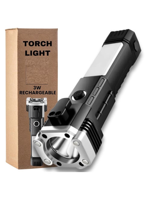 DPM Torch LightLED 3W Torch Light Rechargeable Torch FlashlightLong Distance Beam Range Car Rescue Torch with Hammer Window Glass and Seat Belt Cutter Built COB