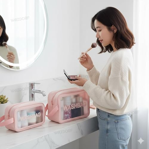 Wazdorf Cosmetic Pouch Bag – Large Waterproof Wash Bag with Handle, Translucent Cosmetic Organizer for Makeup, Brushes & Accessories – Unisex Storage Pouch for Travel & Bathroom Use (Pink -3 Pcs) - Image 3
