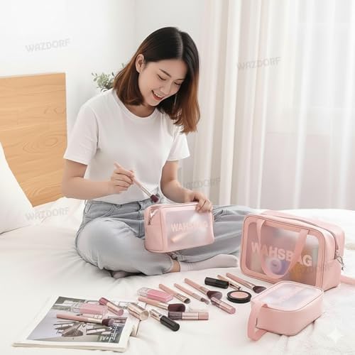 Wazdorf Cosmetic Pouch Bag – Large Waterproof Wash Bag with Handle, Translucent Cosmetic Organizer for Makeup, Brushes & Accessories – Unisex Storage Pouch for Travel & Bathroom Use (Pink -3 Pcs) - Image 5