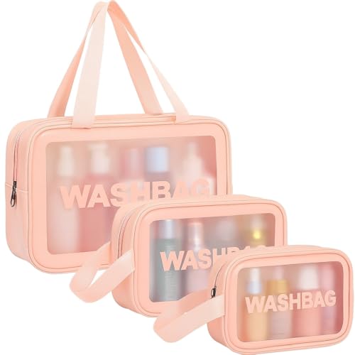 Wazdorf Cosmetic Pouch Bag – Large Waterproof Wash Bag with Handle, Translucent Cosmetic Organizer for Makeup, Brushes & Accessories – Unisex Storage Pouch for Travel & Bathroom Use (Pink -3 Pcs) - Image 1