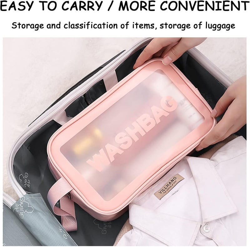 Wazdorf Cosmetic Pouch Bag – Large Waterproof Wash Bag with Handle, Translucent Cosmetic Organizer for Makeup, Brushes & Accessories – Unisex Storage Pouch for Travel & Bathroom Use (Pink -3 Pcs) - Image 4