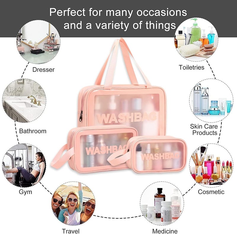 Wazdorf Cosmetic Pouch Bag – Large Waterproof Wash Bag with Handle, Translucent Cosmetic Organizer for Makeup, Brushes & Accessories – Unisex Storage Pouch for Travel & Bathroom Use (Pink -3 Pcs) - Image 2