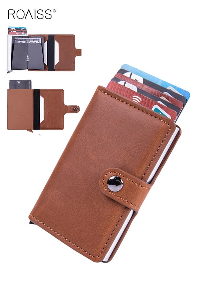 roaiss Anti-Magnetic Anti-Theft Card Bag for Men PU Leather Functional Rfid Card Holder Wallet Aluminum Alloy Automatic Pop-Up Card Bag Brown - Image 1