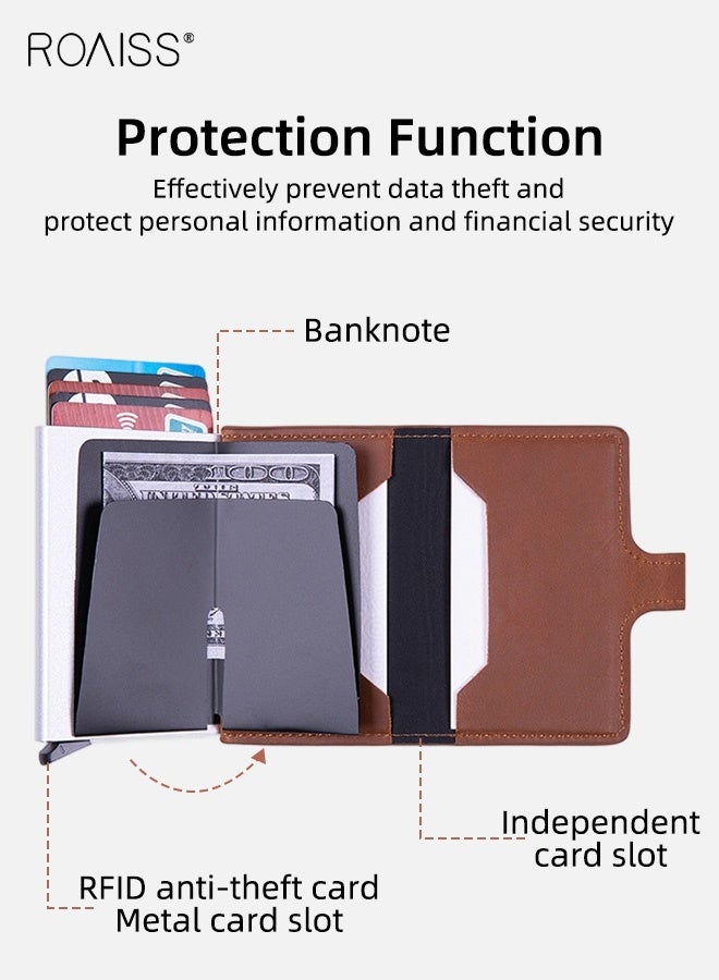 roaiss Anti-Magnetic Anti-Theft Card Bag for Men PU Leather Functional Rfid Card Holder Wallet Aluminum Alloy Automatic Pop-Up Card Bag Brown - Image 2
