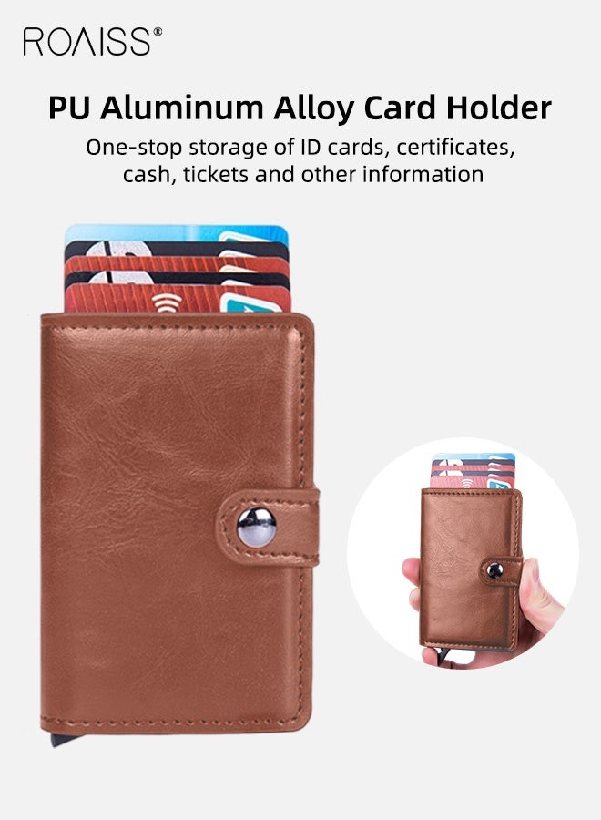 roaiss Anti-Magnetic Anti-Theft Card Bag for Men PU Leather Functional Rfid Card Holder Wallet Aluminum Alloy Automatic Pop-Up Card Bag Brown - Image 3