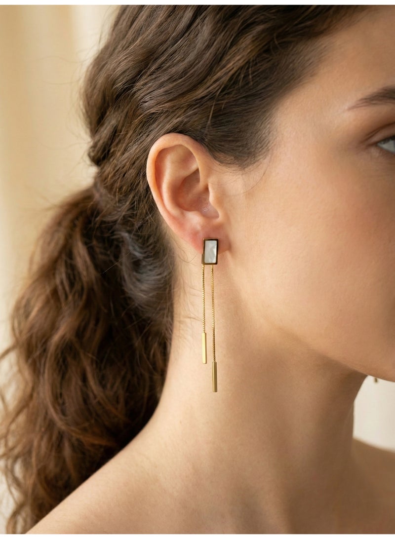 Trendyoom Long Gold Stainless Steel Earrings with Rectangular Design & Double Chain Drop – Elegant Neck-Accentuating Style - Image 1