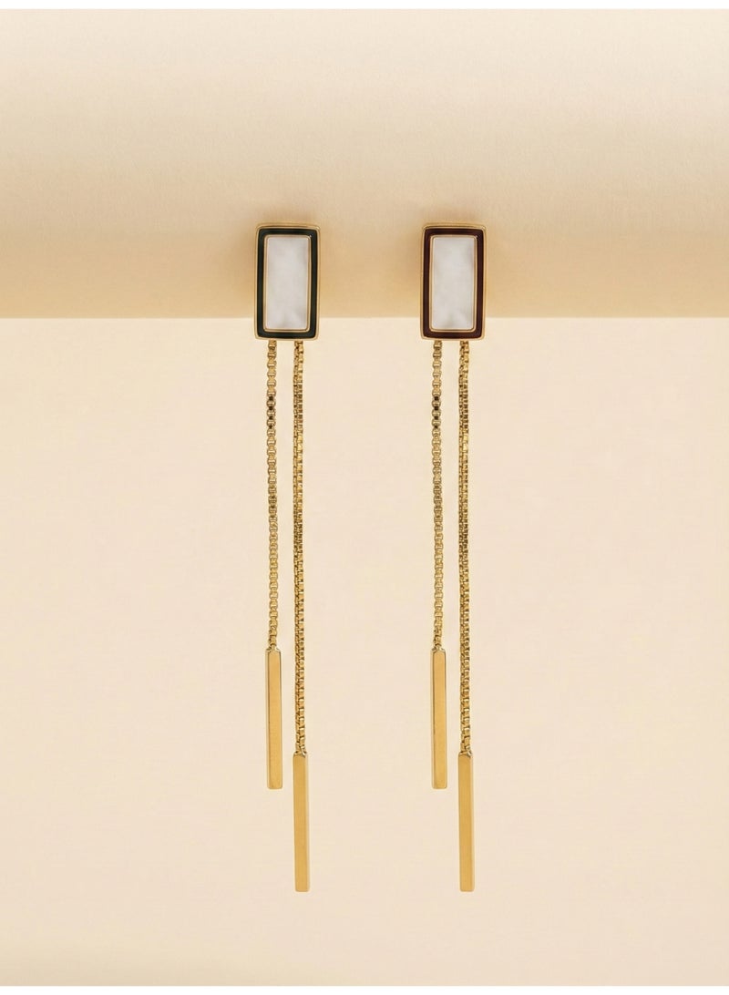 Trendyoom Long Gold Stainless Steel Earrings with Rectangular Design & Double Chain Drop – Elegant Neck-Accentuating Style - Image 2