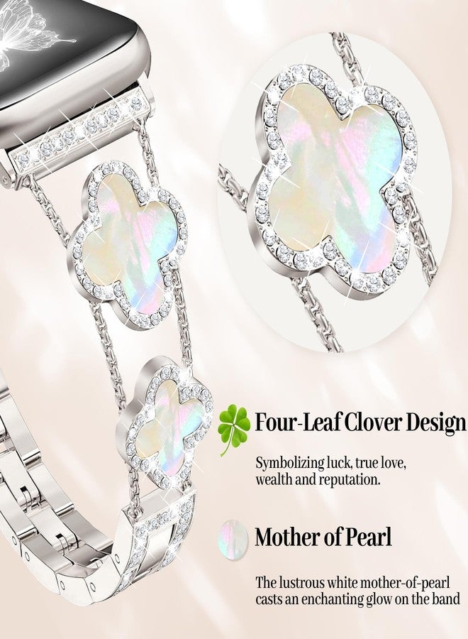 MOINSPIRE Bling Diamond Clover Bands Women Compatible with Apple Watch 40mm 38mm 41mm 42mm Lucky Cute Sparkle Dressy Bracelet Metal Strap for iWatch Series Ultra/SE/10/9/8/7/6/5/4/3/2/1, Starlight - Image 2