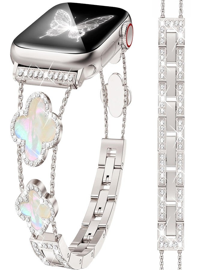 MOINSPIRE Bling Diamond Clover Bands Women Compatible with Apple Watch 40mm 38mm 41mm 42mm Lucky Cute Sparkle Dressy Bracelet Metal Strap for iWatch Series Ultra/SE/10/9/8/7/6/5/4/3/2/1, Starlight - Image 1