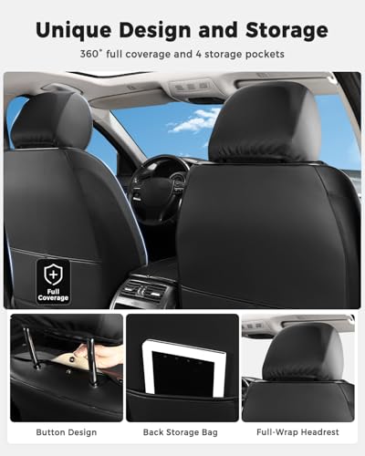 Huidasource Black Car Seat Covers, Waterproof Faux Leather Universal Fit Most Cars Sedans SUVs Trucks Airbag Compatible, Cup Holder Access, Car Seat Compatible, Easy Install, Wipes Clean - Image 2