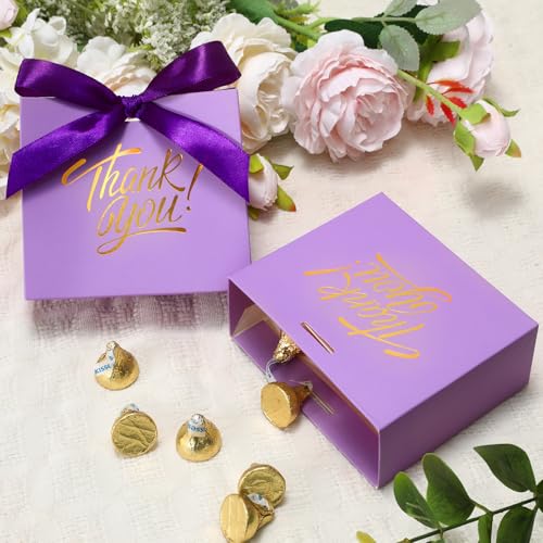 DOYIDE 30 Pack Small Thank You Gift Bags, 4.5x1.8x3.9in Party Favor Bags with Bow Ribbon, Mini Paper Gift Bag with Gold Foil Printed, Purple Treat Boxes for Birthday Wedding Bridal Baby Shower - Image 2