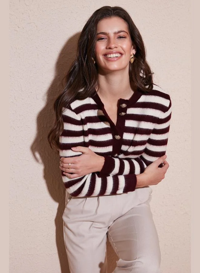 ليلا كارديجان نسائي ليلا مخطط بقصة واسعة وياقة دائرية وأزرار