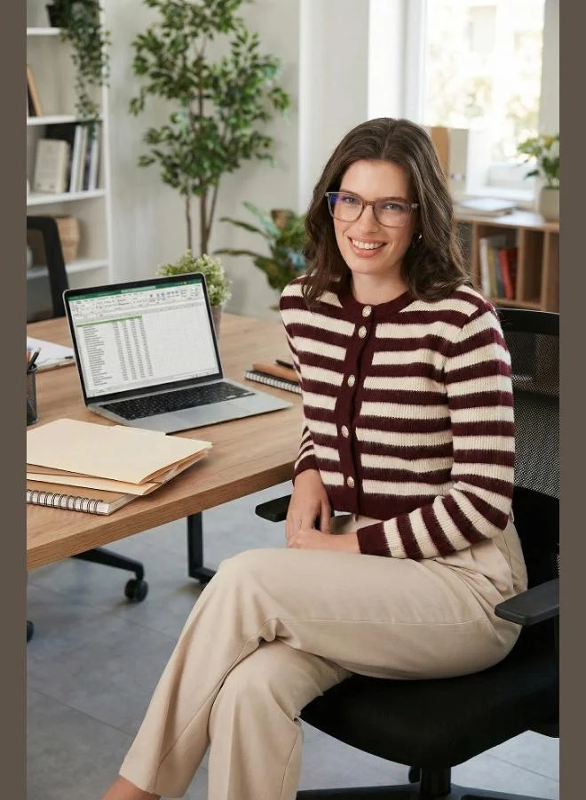 ليلا كارديجان نسائي ليلا مخطط بقصة واسعة وياقة دائرية وأزرار