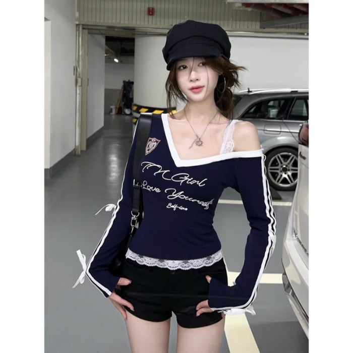 Jin Jing Guan Tu [High Elastic Colored Cotton Rib] American Academy Style Contrast Color V-Neck Fake Two-Piece Lace Stitching T-Shirt - Image 1