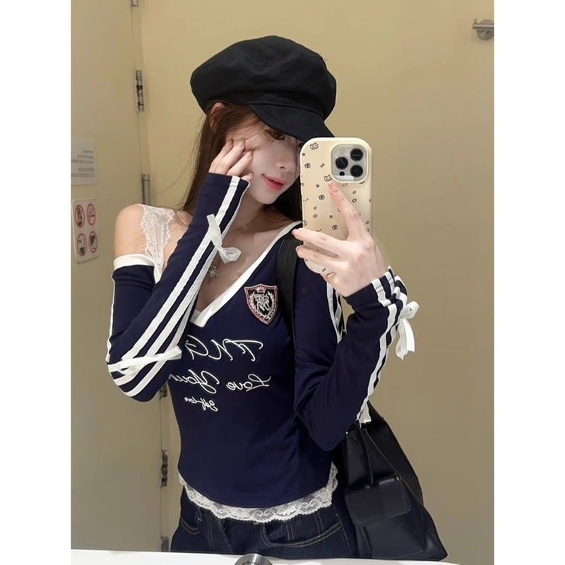 Jin Jing Guan Tu [High Elastic Colored Cotton Rib] American Academy Style Contrast Color V-Neck Fake Two-Piece Lace Stitching T-Shirt - Image 3