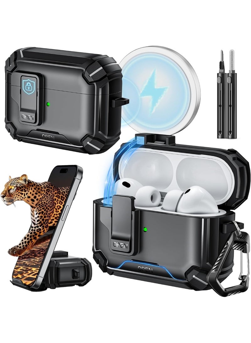 HaDoii for AirPods Pro 3 Case (2025) with Phone Stand & Cleaning Kit,Compatible with Magsafe,Magnetic Automatic Lock Cover for AirPods Pro 3rd Generation. iPods Pro 3 Earbuds Case with Keychain, Black - Image 1