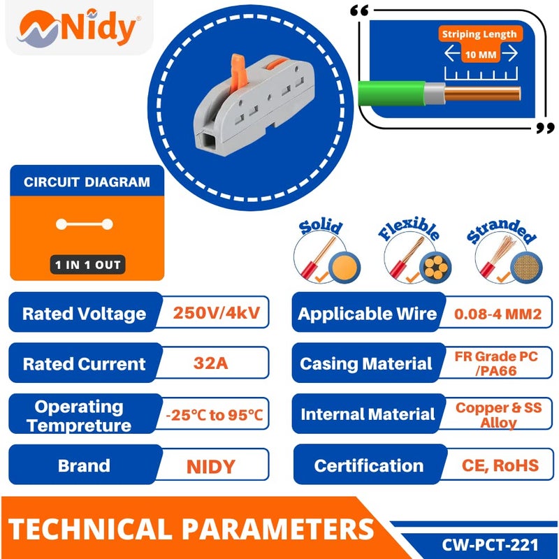 Nidy 5Pcs Compact Lever Wire Nut Connector 1 in 1 Out Splicing Wire Connector Universal Quick Wiring Cable Connection Pushin Conductor Terminal Block CE RoHS Certified 2812 AWG - Image 2
