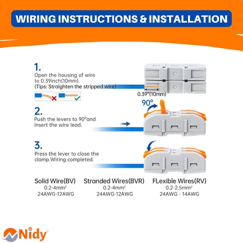 Nidy 5Pcs Compact Lever Wire Nut Connector 1 in 1 Out Splicing Wire Connector Universal Quick Wiring Cable Connection Pushin Conductor Terminal Block CE RoHS Certified 2812 AWG - Image 4