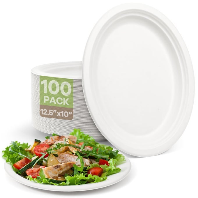100PC DISPOSABLE OVAL PAPER PLATES 125 BIODEGRADABLE LARGE PAPER PLATES COMPOSTABLE HEAVY DUTY BAGASSE PLATTERS ECOFRIENDLY SUGARCANE FOR BBQ PARTY PICNIC WHITE