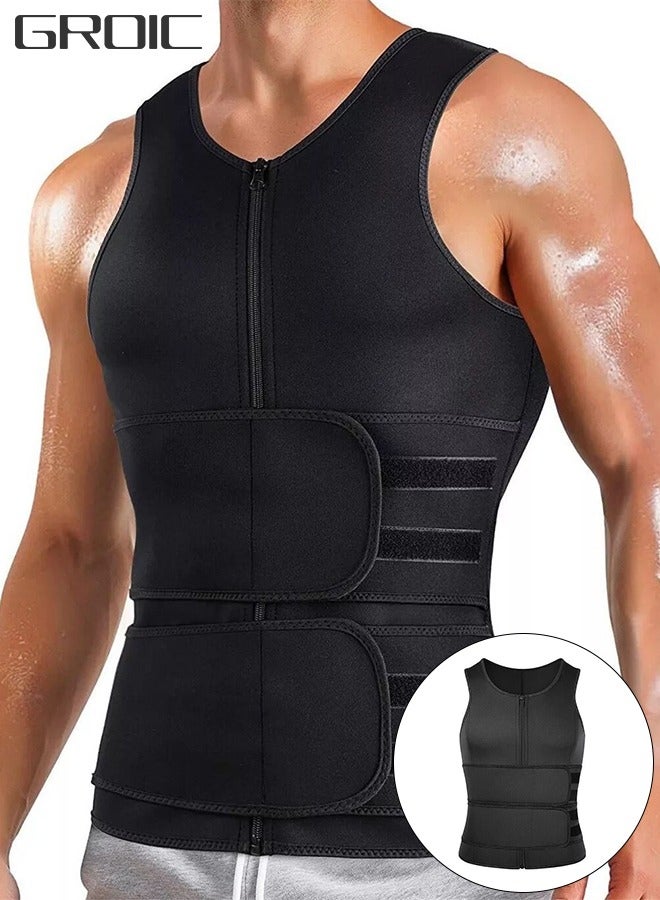 GROIC Men's Waist Trainer Sauna Vest Weight Loss Body Shaper Sweat Vest for Men with Double Belt and Zipper, Corset Plus Size XL