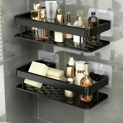 MIORAH Self Adhesive Bathroom Shelf, Rustproof Powder Coated Aluminium Wall Organizer Rack, No Drill Shower Storage Black Pack of 2 - Image 1
