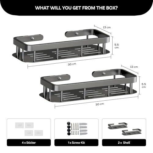 MIORAH Self Adhesive Bathroom Shelf, Rustproof Powder Coated Aluminium Wall Organizer Rack, No Drill Shower Storage Black Pack of 2 - Image 2