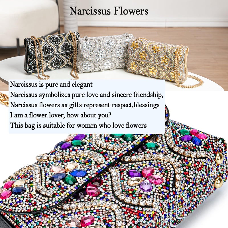 BBTT.ful Flower Evening Handbags Chain Strap Square Shoulder Bag Crossbody Bag Crystals Rhinestone Clutch Purse (colorful) - Image 2