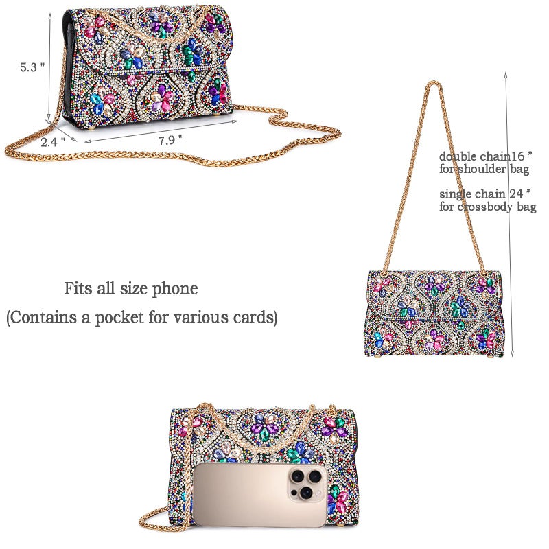 BBTT.ful Flower Evening Handbags Chain Strap Square Shoulder Bag Crossbody Bag Crystals Rhinestone Clutch Purse (colorful) - Image 5