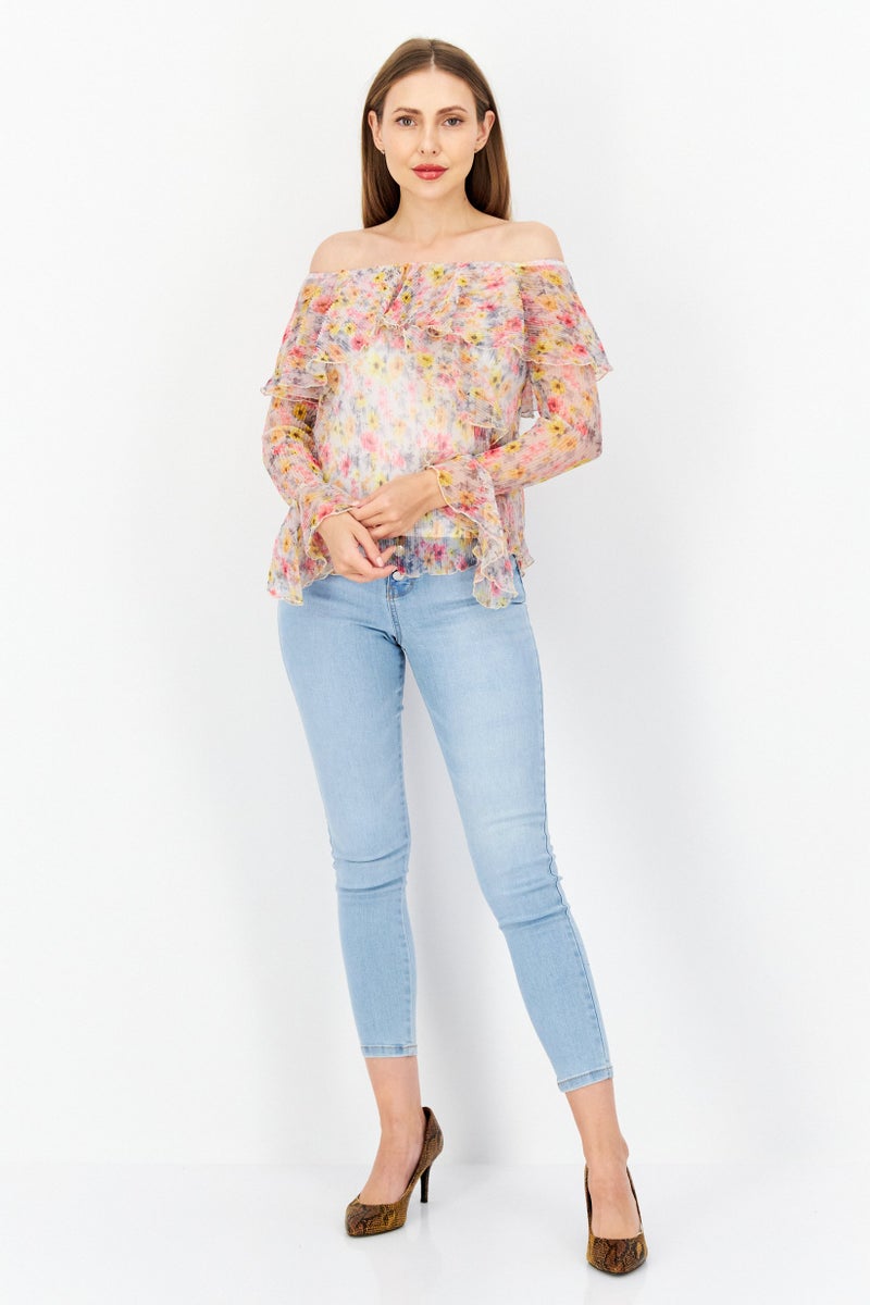 RIVER ISLAND Women Off Shoulder Long Sleeves Floral Pattern Top, Pink Combo - Image 2