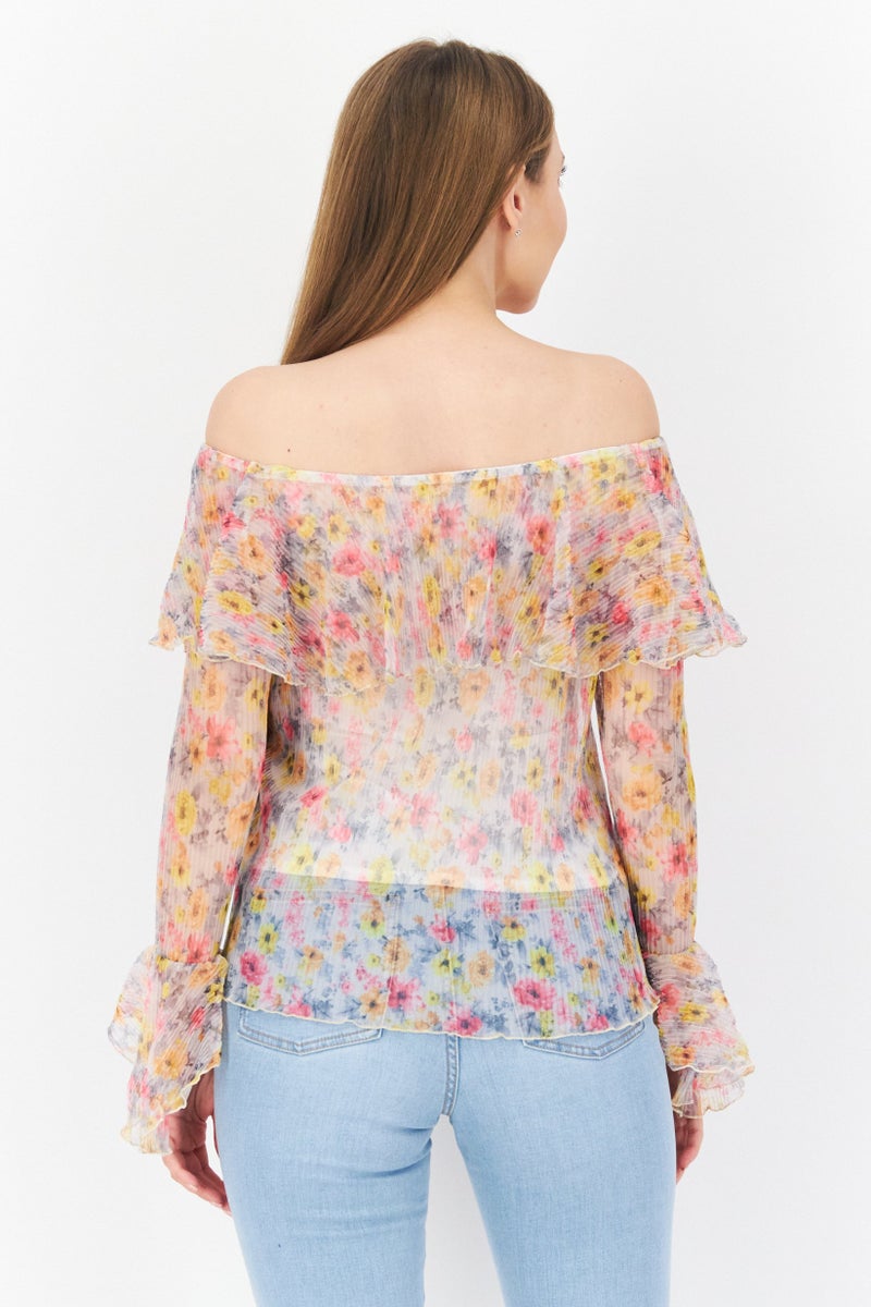 RIVER ISLAND Women Off Shoulder Long Sleeves Floral Pattern Top, Pink Combo - Image 4