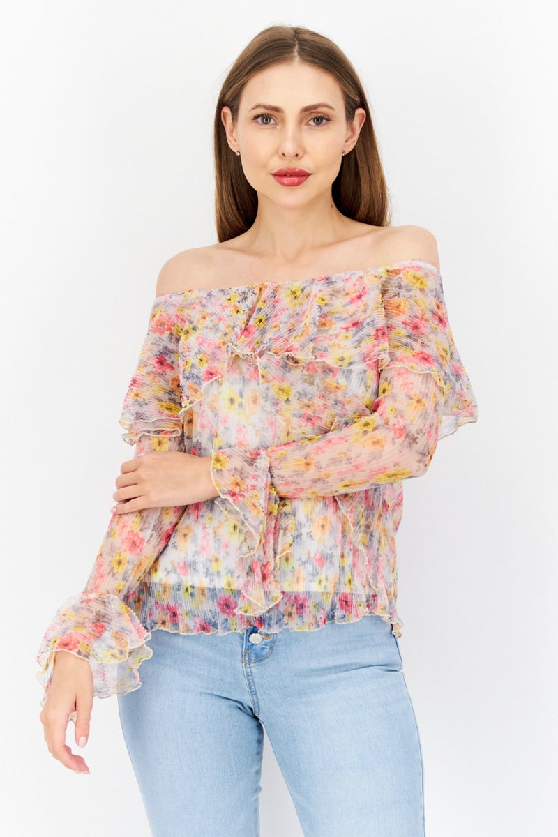 RIVER ISLAND Women Off Shoulder Long Sleeves Floral Pattern Top, Pink Combo - Image 1