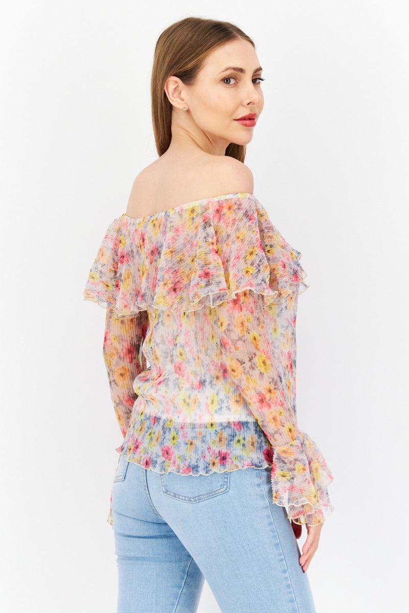 RIVER ISLAND Women Off Shoulder Long Sleeves Floral Pattern Top, Pink Combo - Image 3
