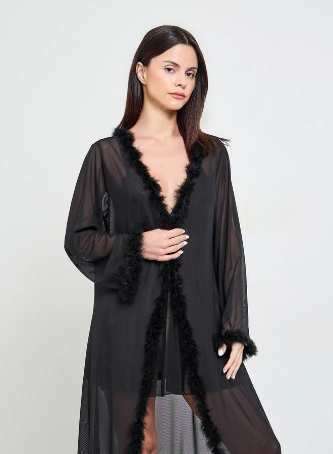 تايك تو Black Mesh Faux Feather Trim Robe And Slip Set