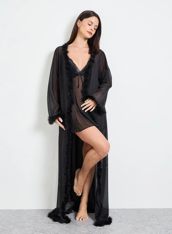 تايك تو Black Mesh Faux Feather Trim Robe And Slip Set