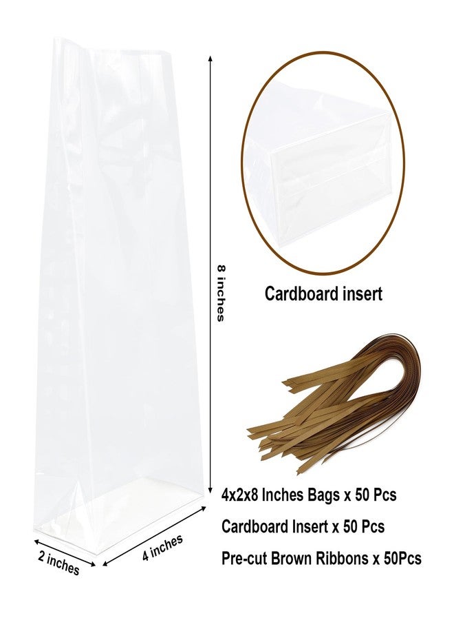 EKAPACKAGING 50 Pcs 4x2x8 Inch Gusseted Flat Bottom Cellophane Bags with Ribbon and Cardboard Insert for Smores and Cupcakes - Image 2