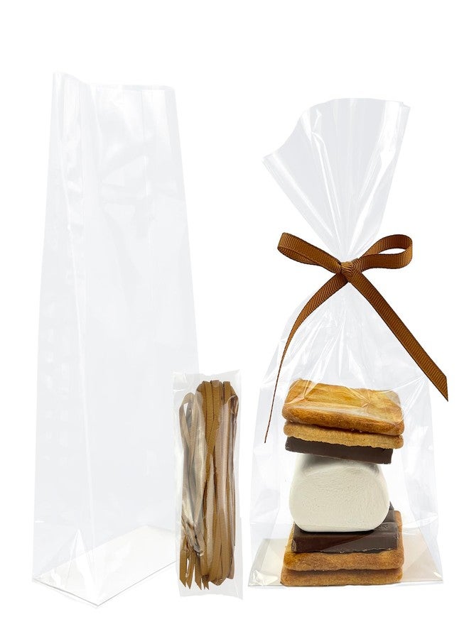 EKAPACKAGING 50 Pcs 4x2x8 Inch Gusseted Flat Bottom Cellophane Bags with Ribbon and Cardboard Insert for Smores and Cupcakes - Image 1
