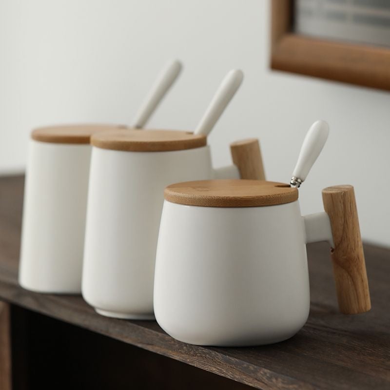 Ceramic Mug with Lid and Spoon - Vintage Style Couple Mug for Coffee, Tea, and Breakfast Drinks - Image 3