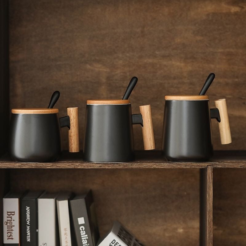 Ceramic Mug with Lid and Spoon - Vintage Style Couple Mug for Coffee, Tea, and Breakfast Drinks - Image 2