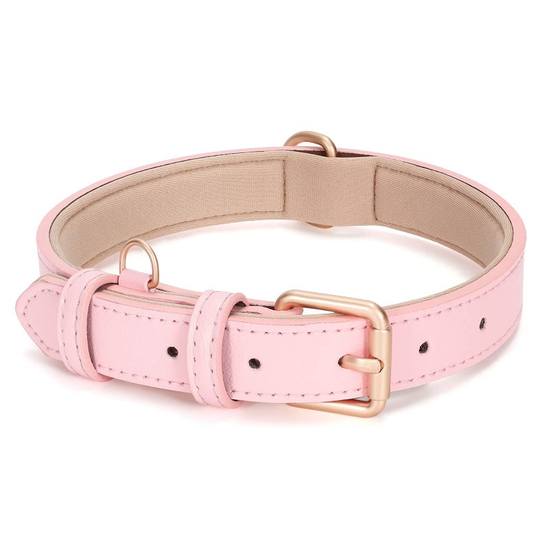 WHIPPY Leather Dog Collar for Small Medium Large Dog Adjustable Soft Breathable Leather Padded Puppy Collar with Alloy Buckle Heavy Duty Waterproof Classic Dog Pet Collar,Pink,M - Image 1