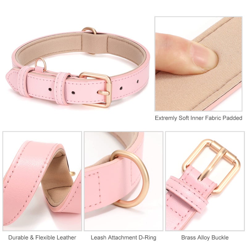 WHIPPY Leather Dog Collar for Small Medium Large Dog Adjustable Soft Breathable Leather Padded Puppy Collar with Alloy Buckle Heavy Duty Waterproof Classic Dog Pet Collar,Pink,M - Image 5